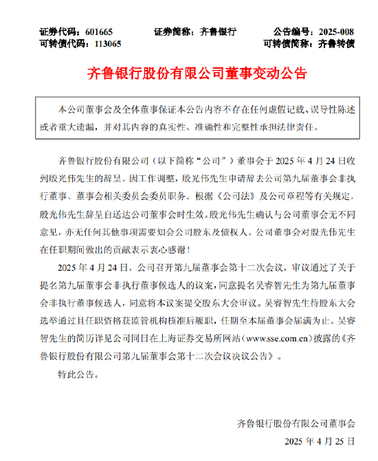 专业的股票配资价格 齐鲁银行：殷光伟辞任公司第九届董事会非执行董事、董事会相关委员会委员职务
